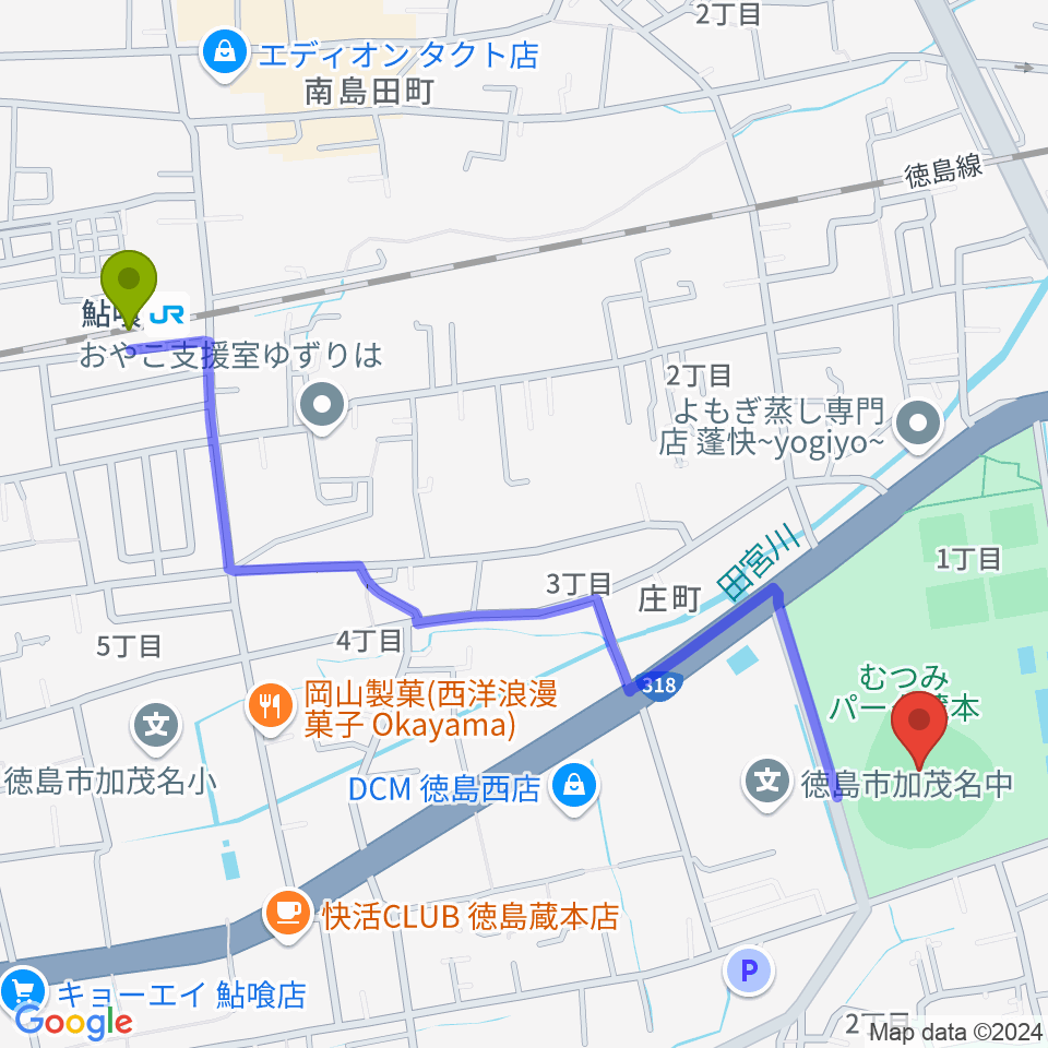 鮎喰駅からむつみパーク蔵本むつみスタジアムへのルートマップ地図