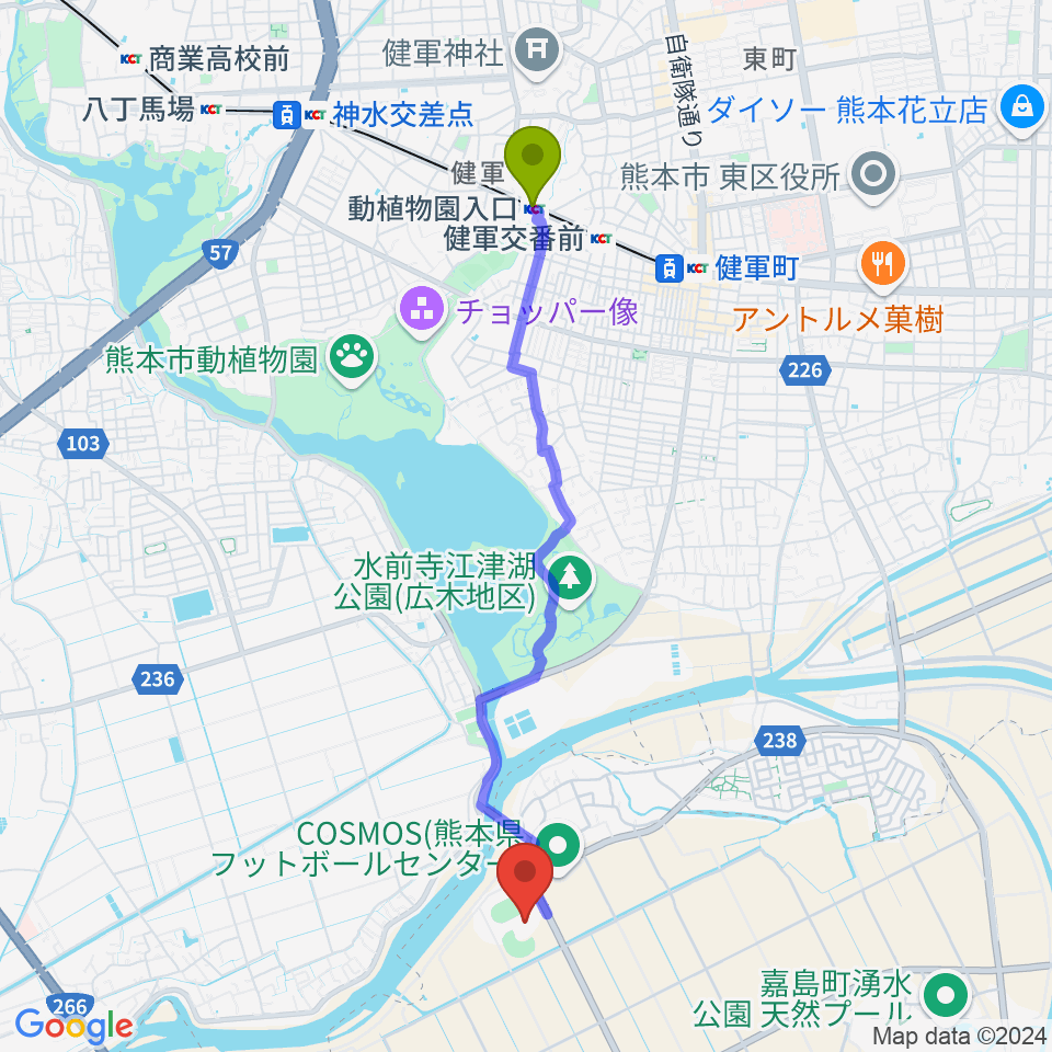 動植物園入口駅からくまトヨスポーツパーク野球場へのルートマップ地図