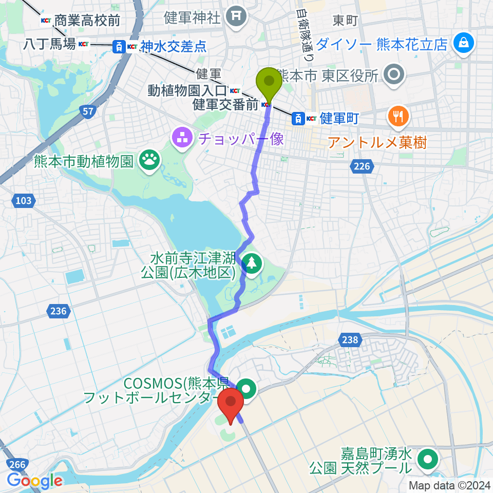 健軍交番前駅からくまトヨスポーツパーク野球場へのルートマップ地図