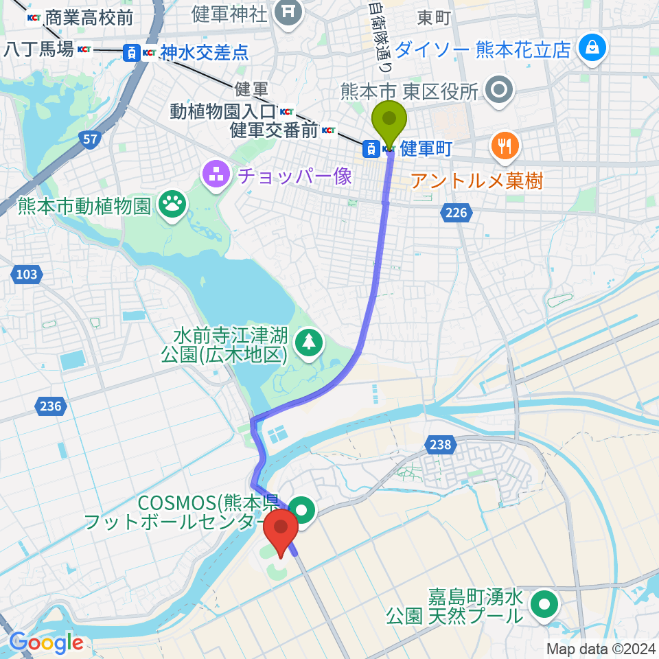 くまトヨスポーツパーク野球場の最寄駅健軍町駅からの徒歩ルート（約41分）地図