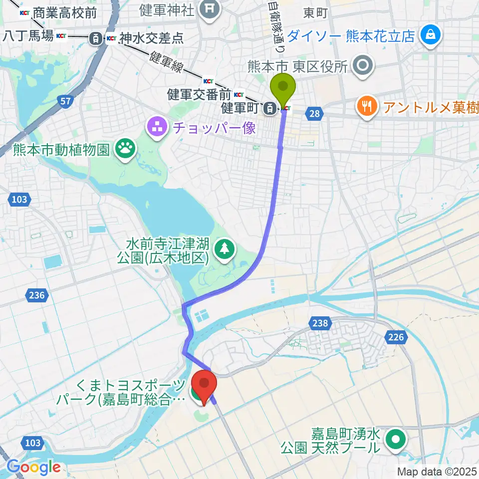 くまトヨスポーツパーク野球場の最寄駅健軍町駅からの徒歩ルート（約41分）地図