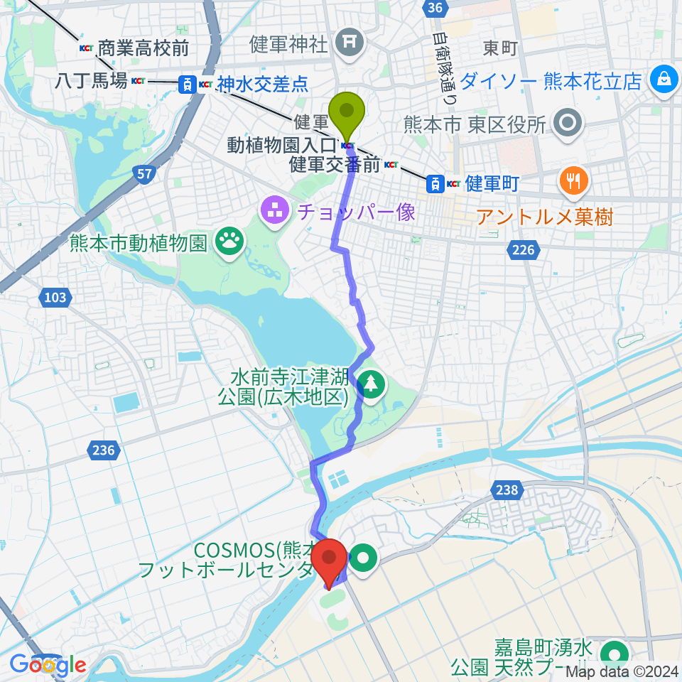 動植物園入口駅からくまトヨスポーツパーク多目的競技場へのルートマップ地図