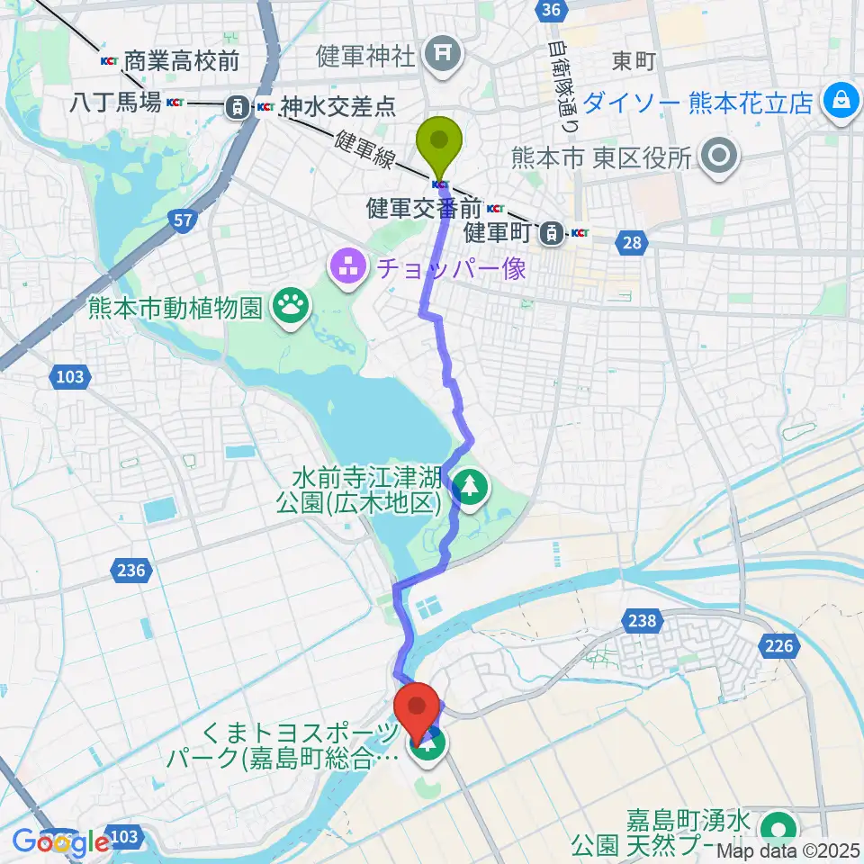 動植物園入口駅からくまトヨスポーツパーク多目的競技場へのルートマップ地図