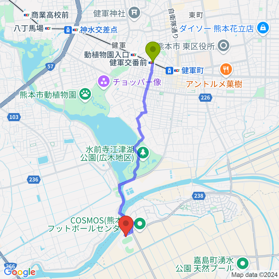 健軍交番前駅からくまトヨスポーツパーク多目的競技場へのルートマップ地図