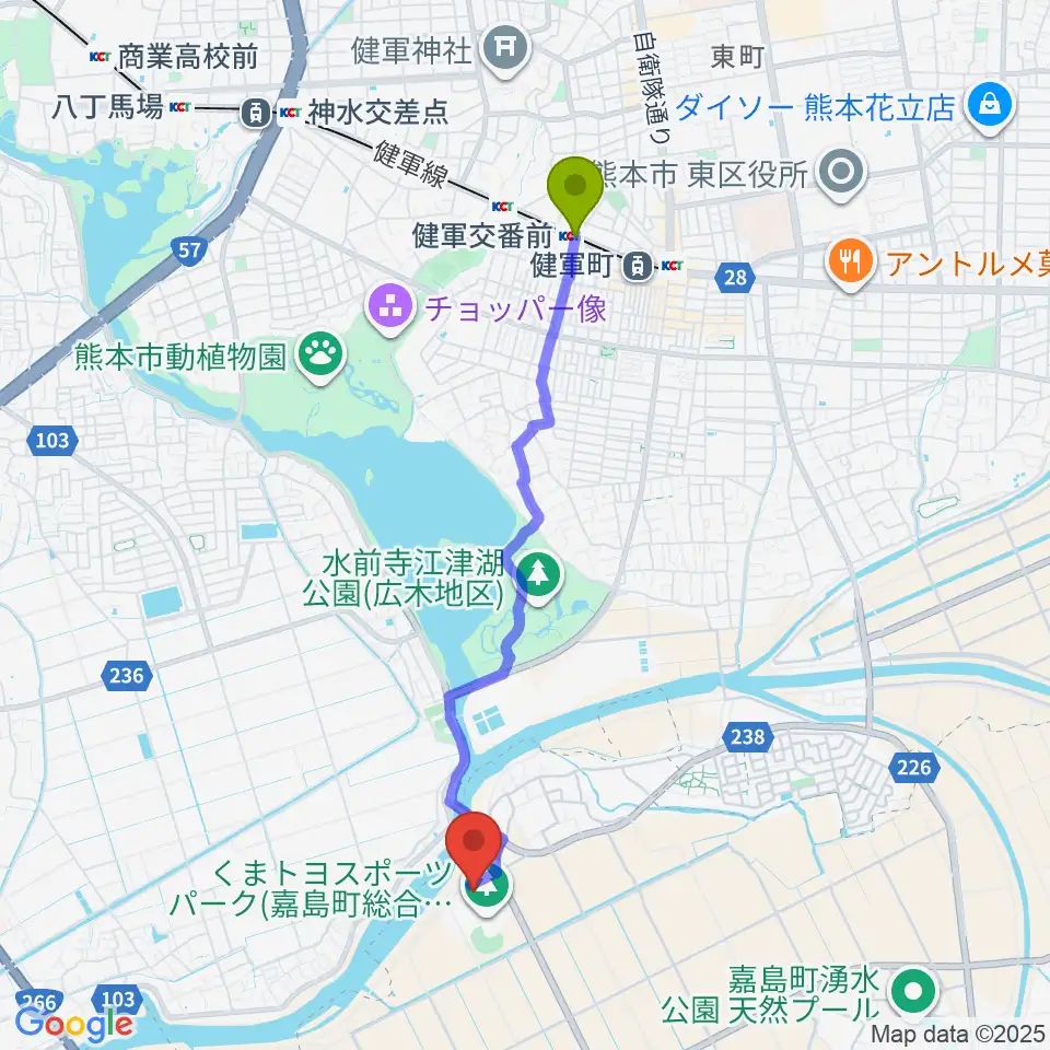 健軍交番前駅からくまトヨスポーツパーク多目的競技場へのルートマップ地図