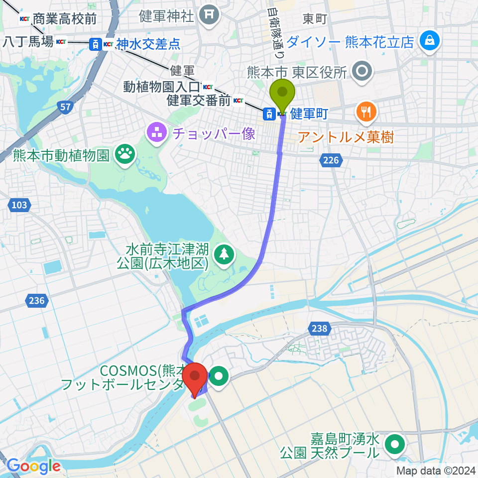 くまトヨスポーツパーク多目的競技場の最寄駅健軍町駅からの徒歩ルート（約40分）地図