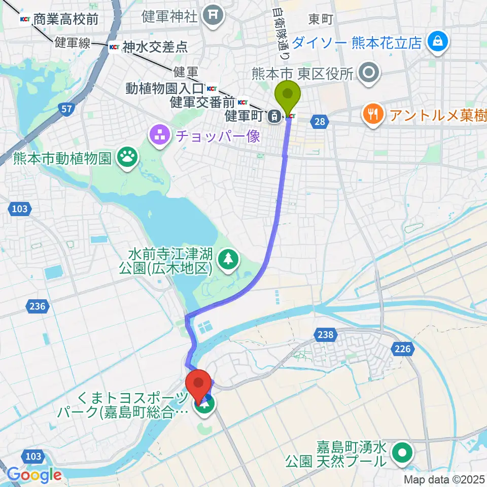 くまトヨスポーツパーク多目的競技場の最寄駅健軍町駅からの徒歩ルート（約40分）地図