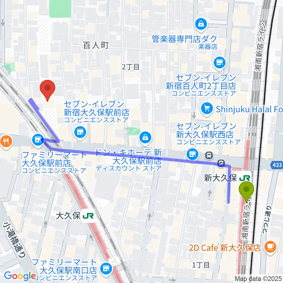 新大久保駅からクラシックスペース100へのルートマップ地図