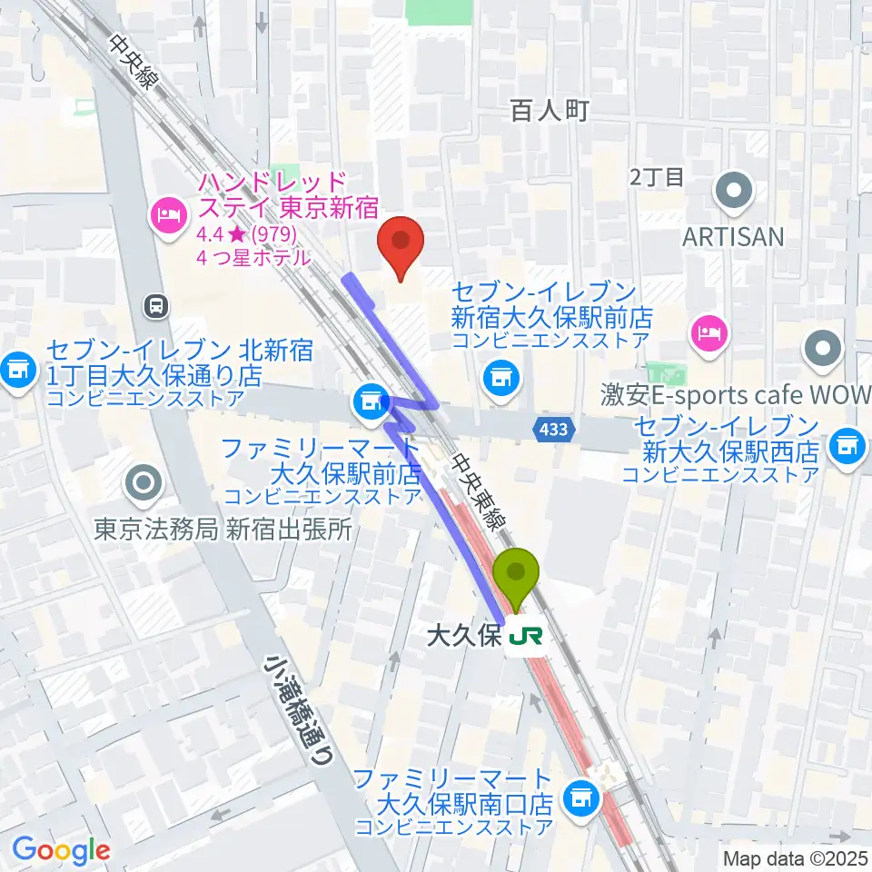 クラシックスペース100の最寄駅大久保駅からの徒歩ルート（約3分）地図