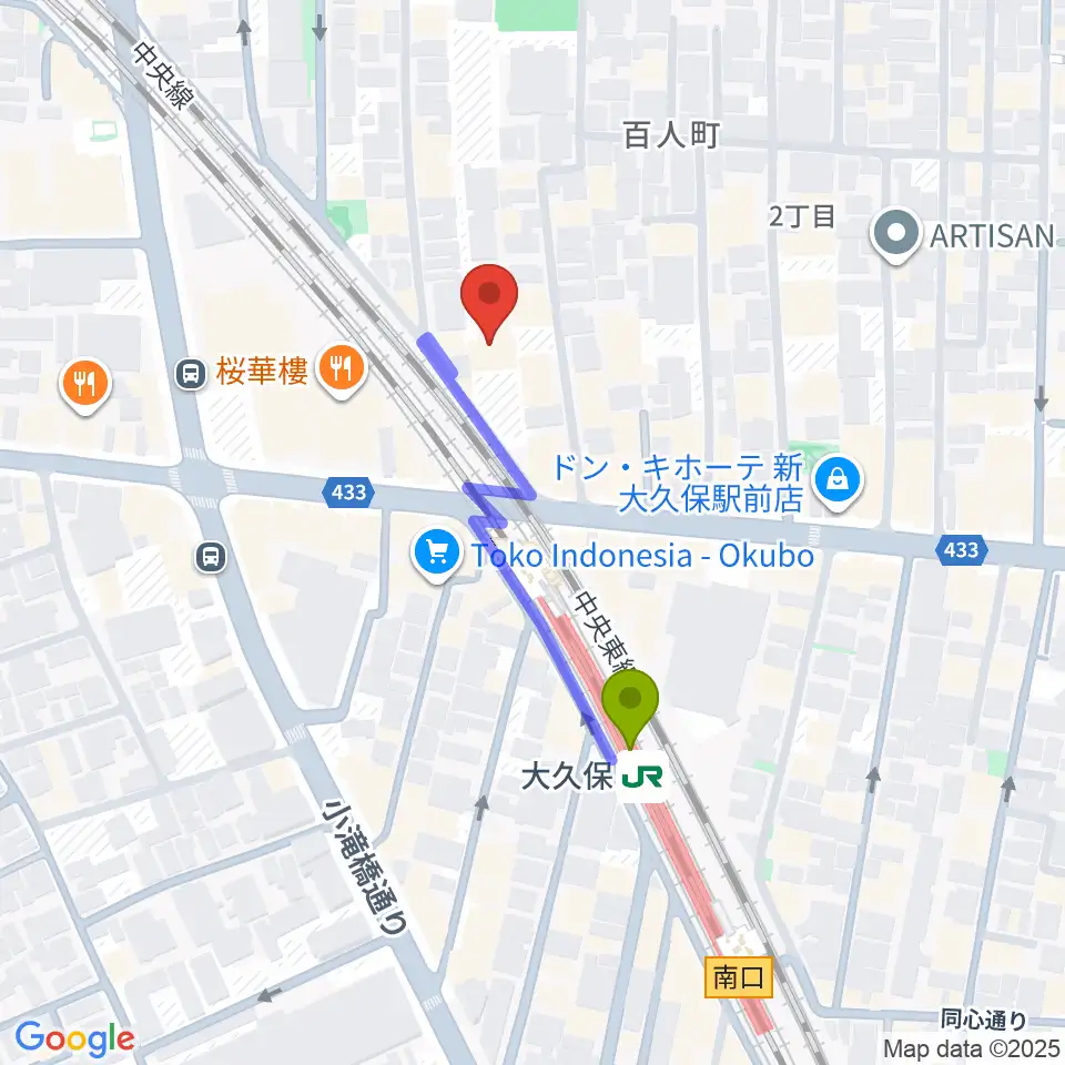 クラシックスペース100の最寄駅大久保駅からの徒歩ルート（約3分）地図