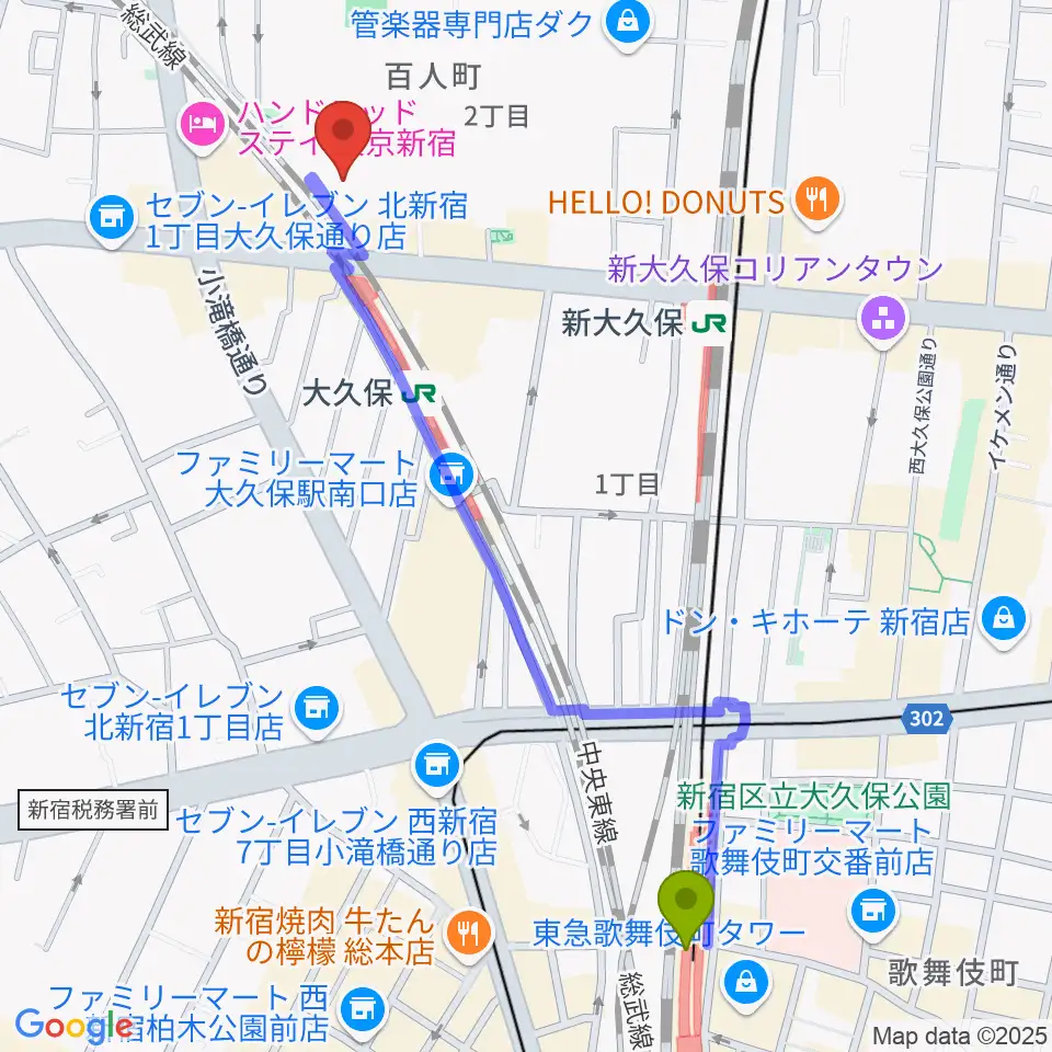 西武新宿駅からクラシックスペース100へのルートマップ地図