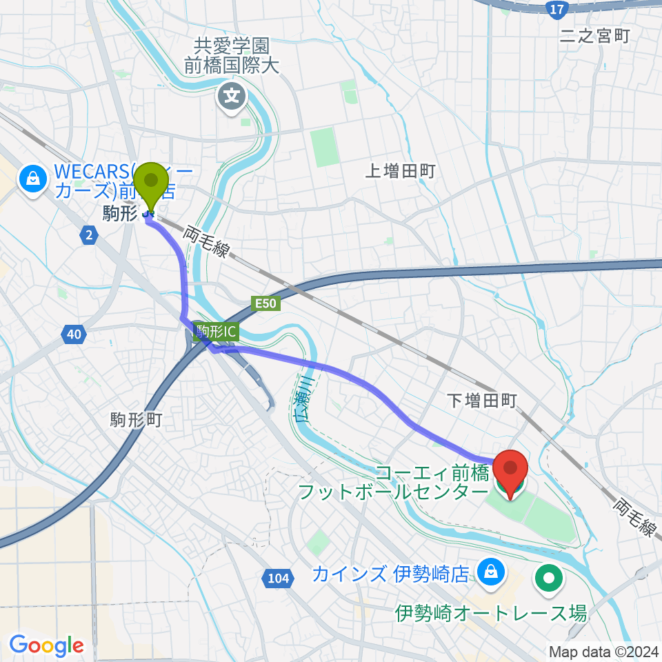 コーエィ前橋フットボールセンターの最寄駅駒形駅からの徒歩ルート（約43分）地図