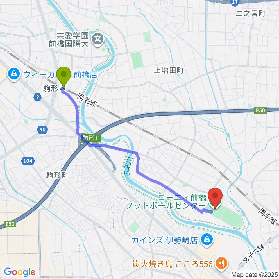 コーエィ前橋フットボールセンターの最寄駅駒形駅からの徒歩ルート（約43分）地図