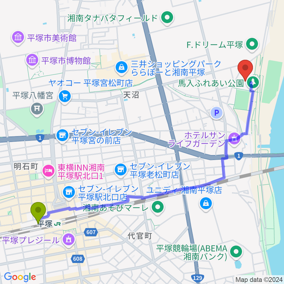 ひらつかサン・ライフアリーナの最寄駅平塚駅からの徒歩ルート（約28分）地図