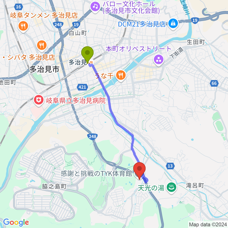 感謝と挑戦のTYK体育館の最寄駅多治見駅からの徒歩ルート（約35分）地図