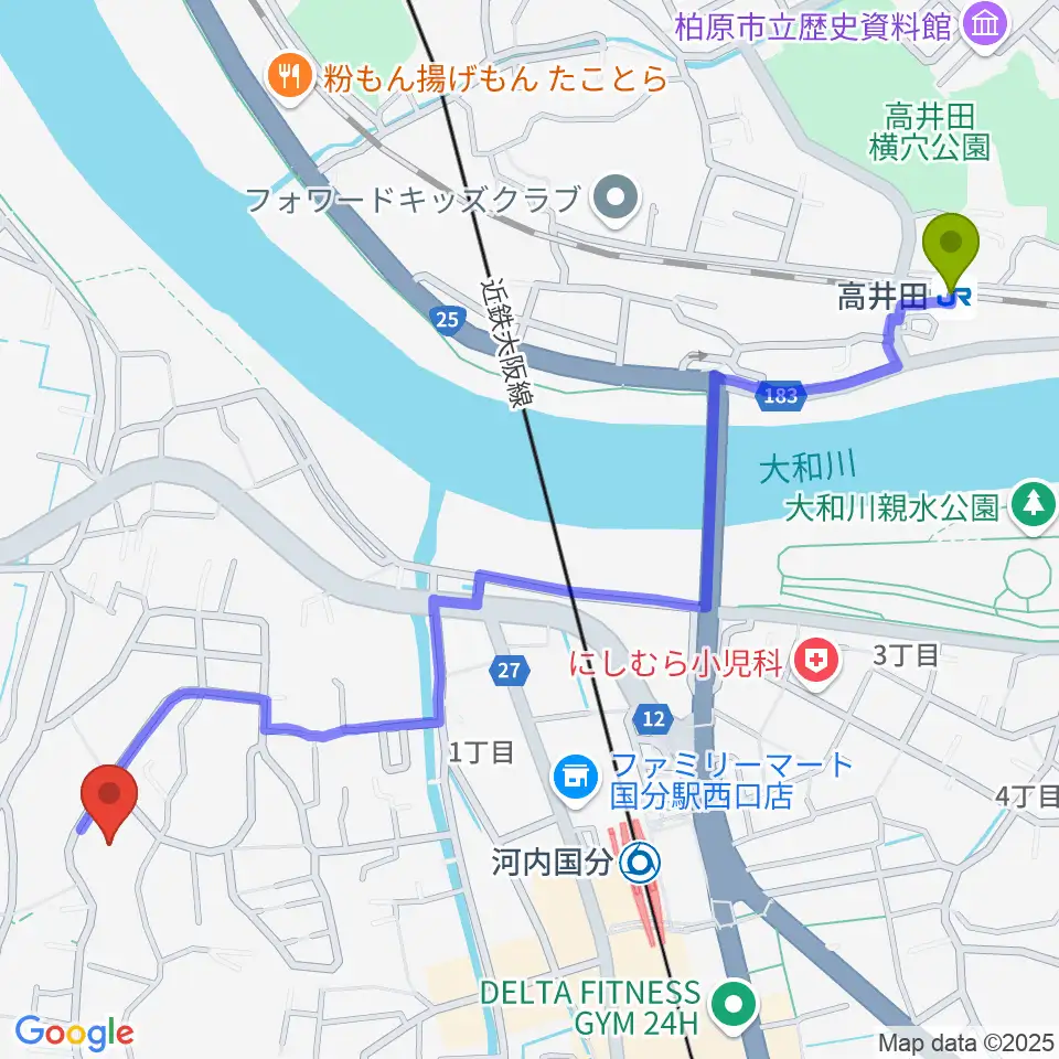 高井田駅から柏原オーエンスアリーナへのルートマップ地図