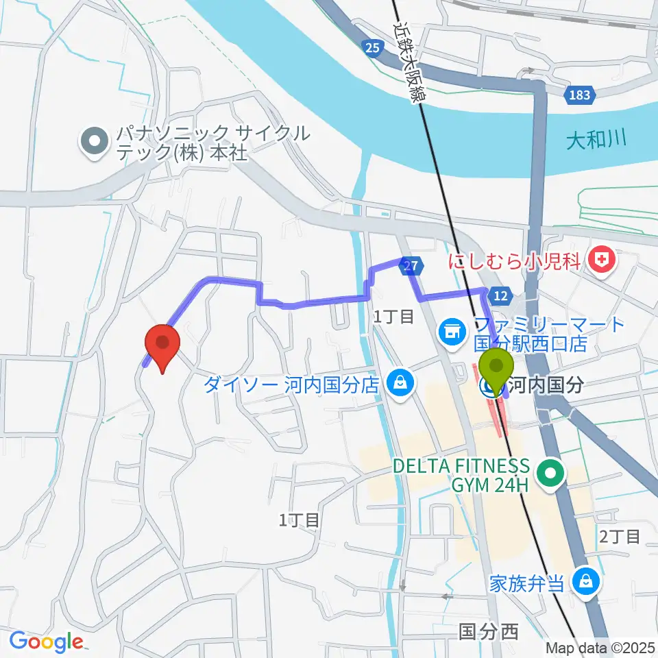 柏原オーエンスアリーナの最寄駅河内国分駅からの徒歩ルート（約8分）地図