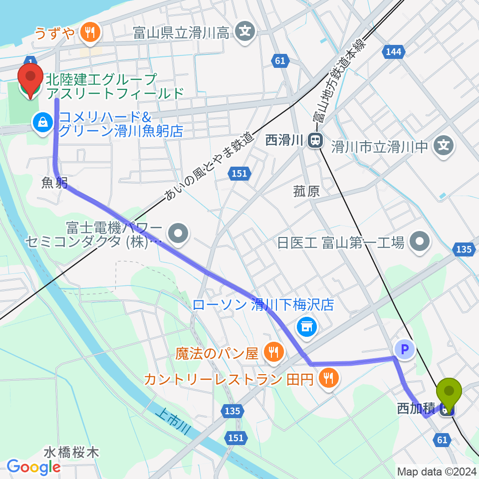 西加積駅から北陸建工グループ アスリートフィールドへのルートマップ地図