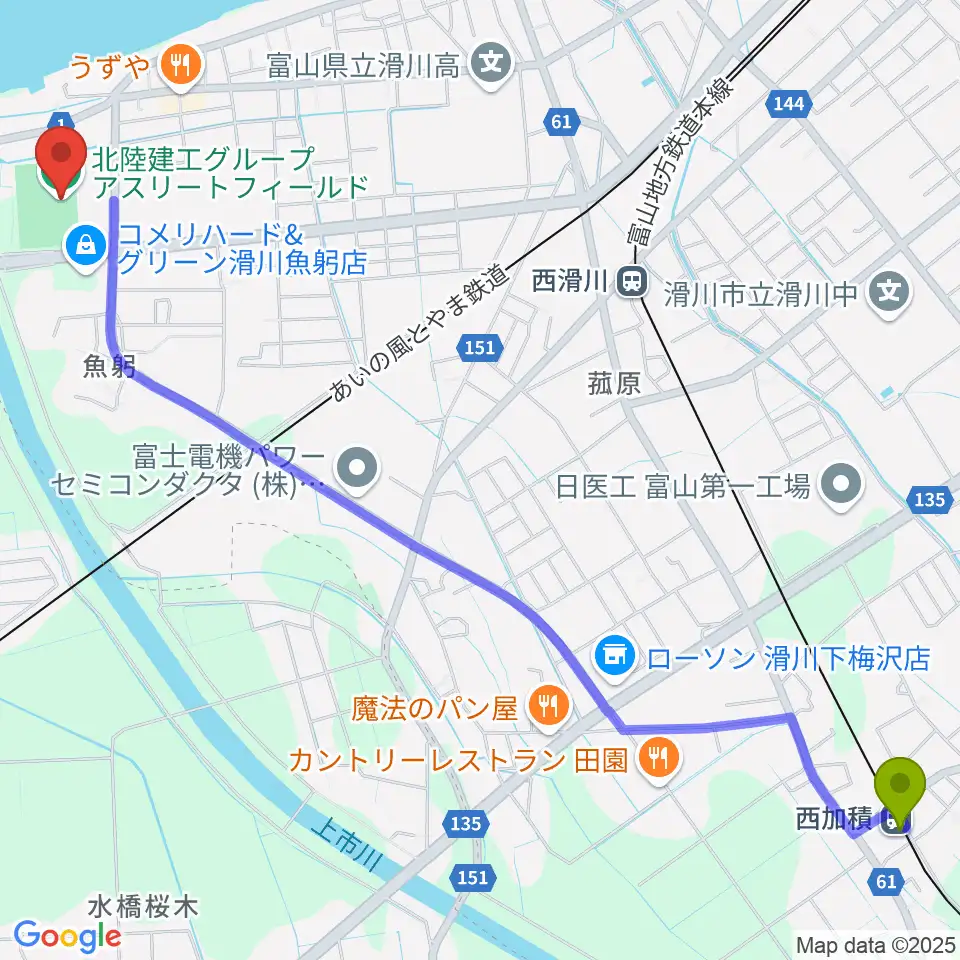 西加積駅から北陸建工グループ アスリートフィールドへのルートマップ地図