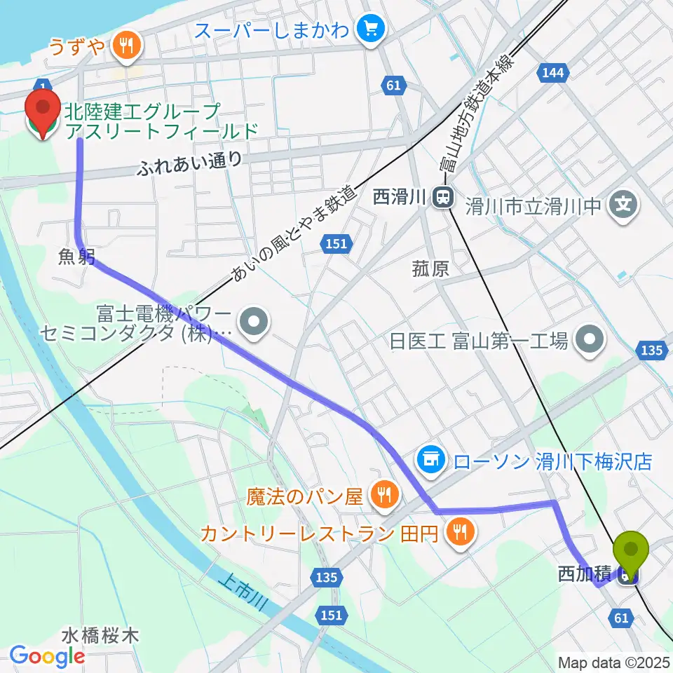 西加積駅から北陸建工グループ アスリートフィールドへのルートマップ地図