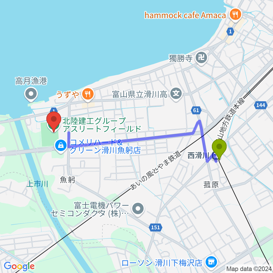 北陸建工グループ アスリートフィールドの最寄駅西滑川駅からの徒歩ルート（約19分）地図