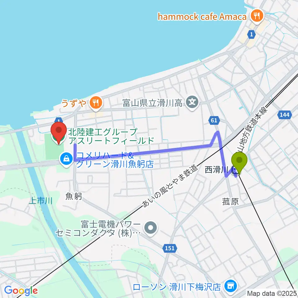 北陸建工グループ アスリートフィールドの最寄駅西滑川駅からの徒歩ルート（約19分）地図