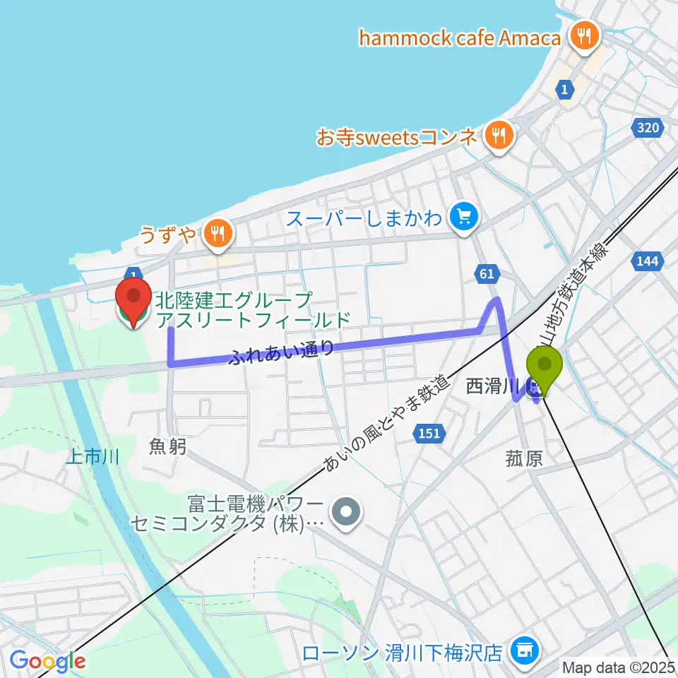 北陸建工グループ アスリートフィールドの最寄駅西滑川駅からの徒歩ルート（約19分）地図