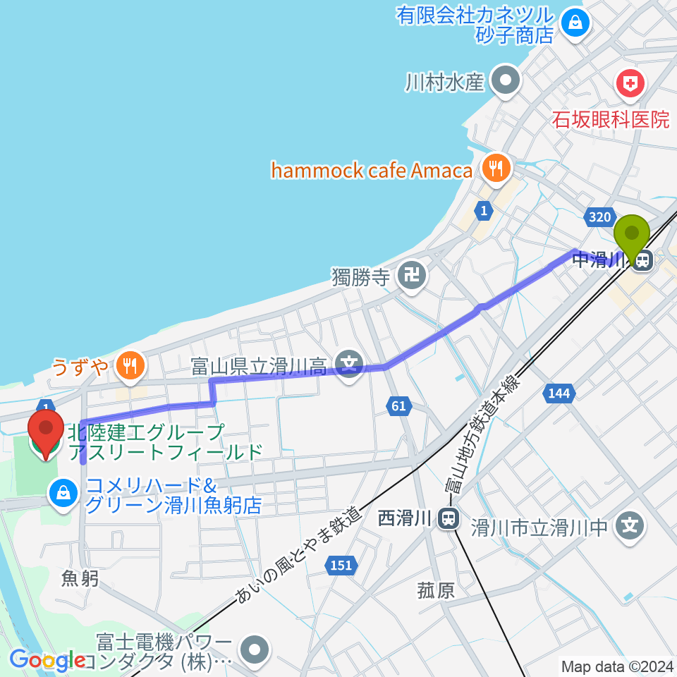 中滑川駅から北陸建工グループ アスリートフィールドへのルートマップ地図