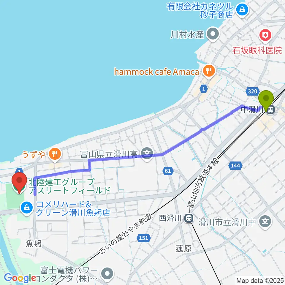 中滑川駅から北陸建工グループ アスリートフィールドへのルートマップ地図