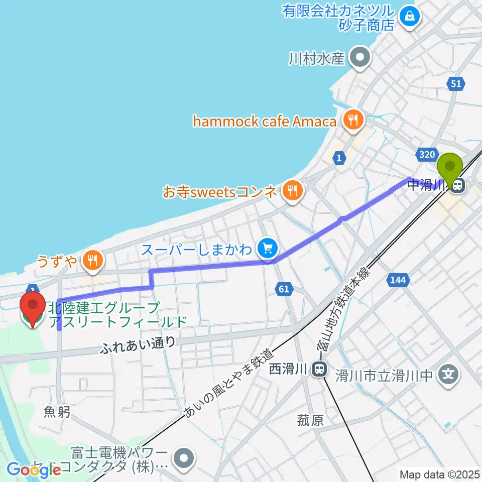 中滑川駅から北陸建工グループ アスリートフィールドへのルートマップ地図