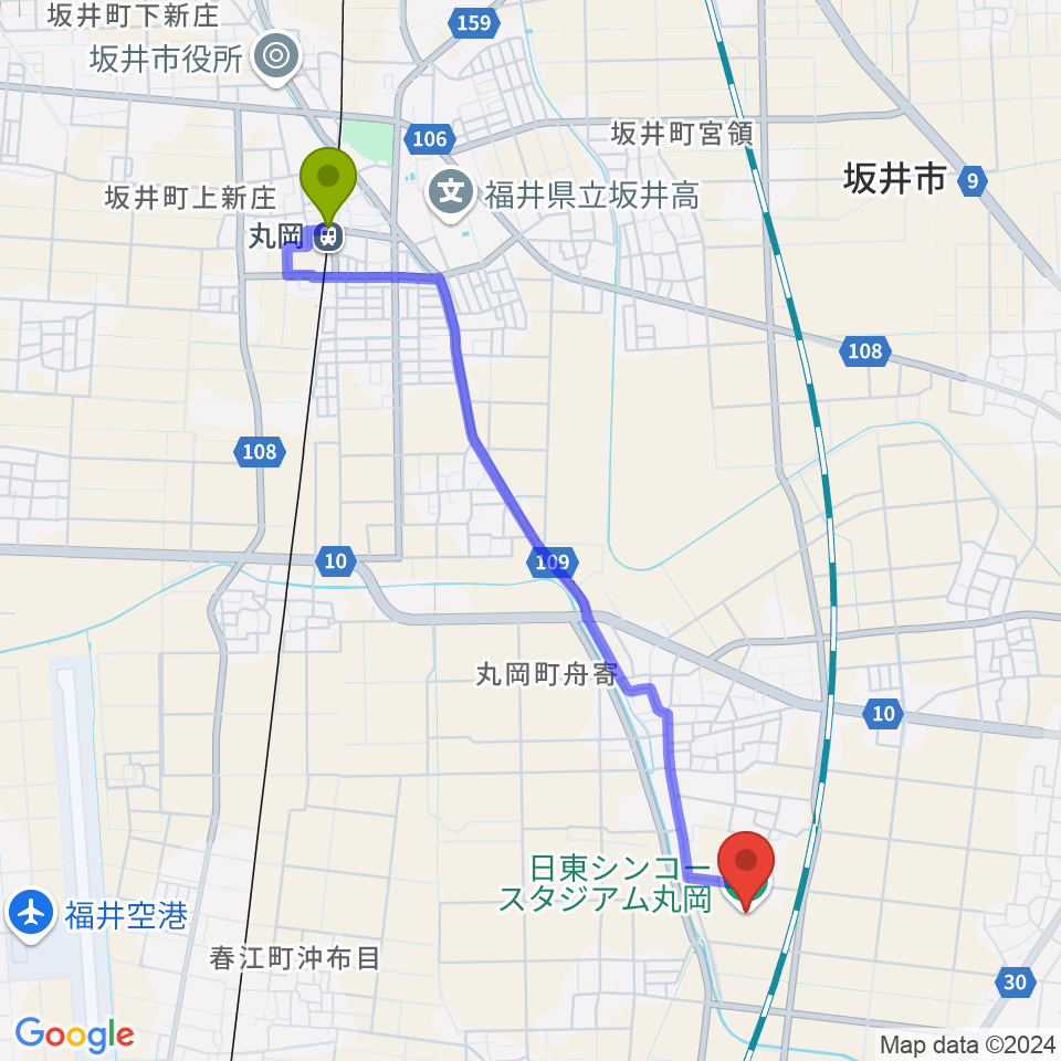 丸岡駅から日東シンコースタジアム丸岡サッカー場へのルートマップ地図