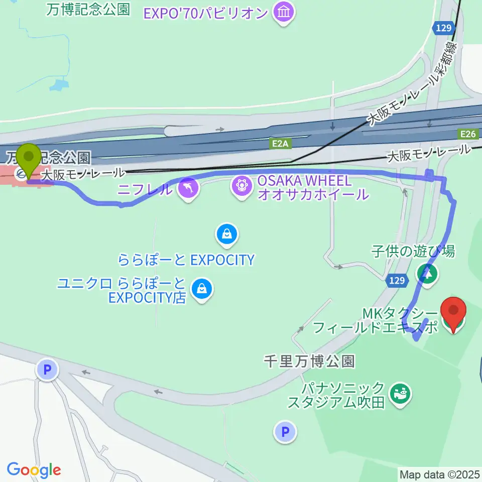 万博記念公園駅からMKタクシーフィールドエキスポへのルートマップ地図