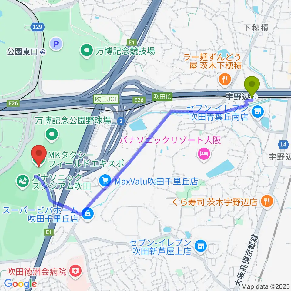 宇野辺駅からMKタクシーフィールドエキスポへのルートマップ地図