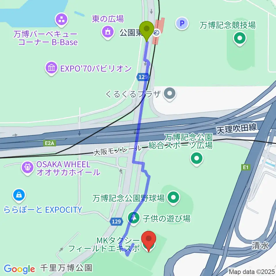 MKタクシーフィールドエキスポの最寄駅公園東口駅からの徒歩ルート（約12分）地図