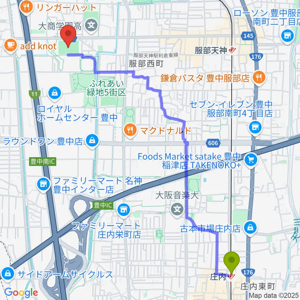 庄内駅からマリンフード豊中マルチグラウンドへのルートマップ地図