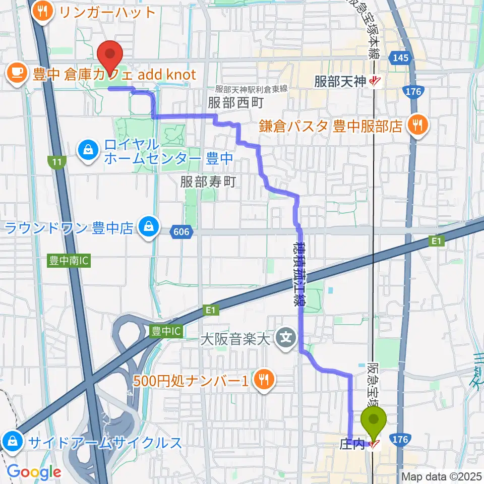 庄内駅からマリンフード豊中マルチグラウンドへのルートマップ地図
