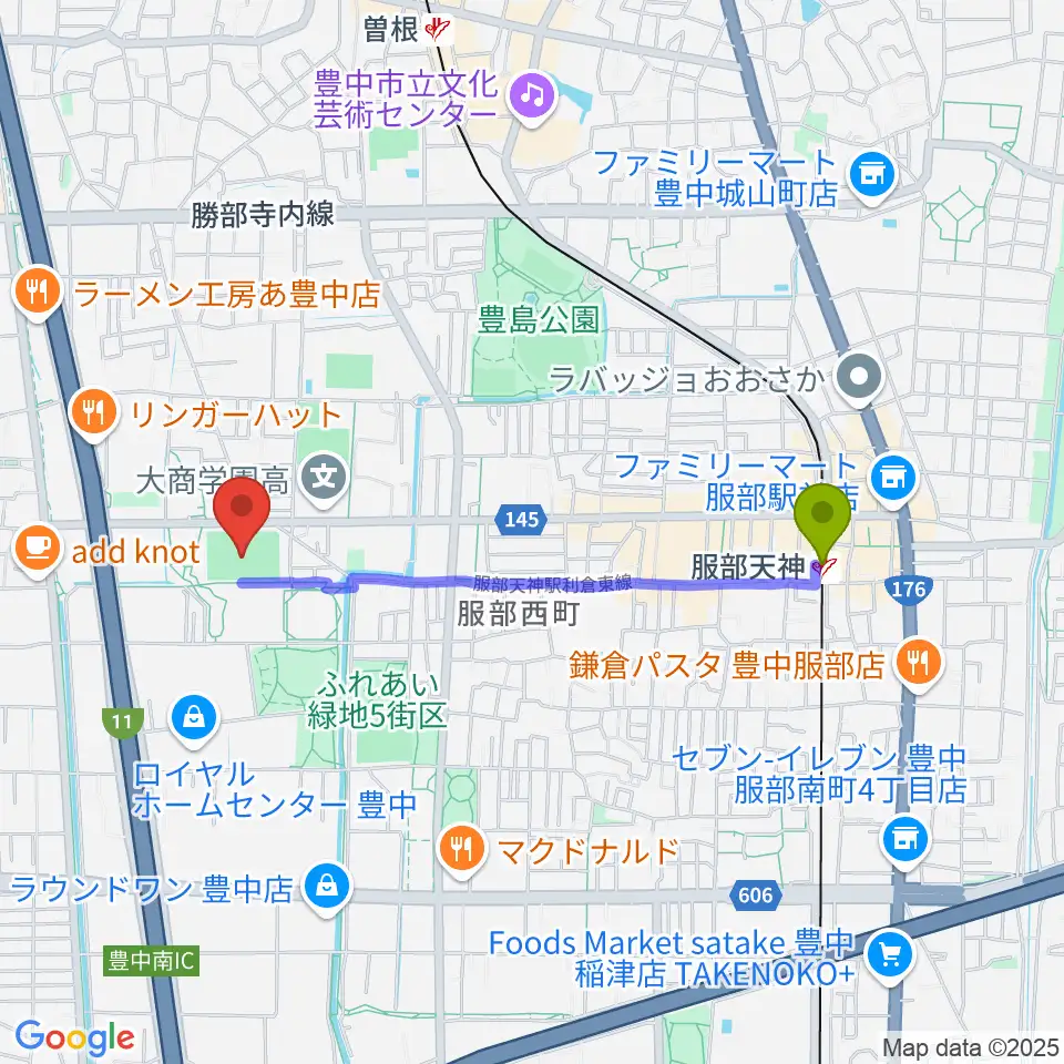 服部天神駅からマリンフード豊中マルチグラウンドへのルートマップ地図