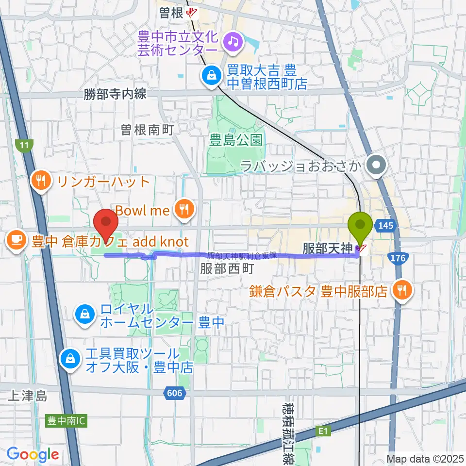 服部天神駅からマリンフード豊中マルチグラウンドへのルートマップ地図
