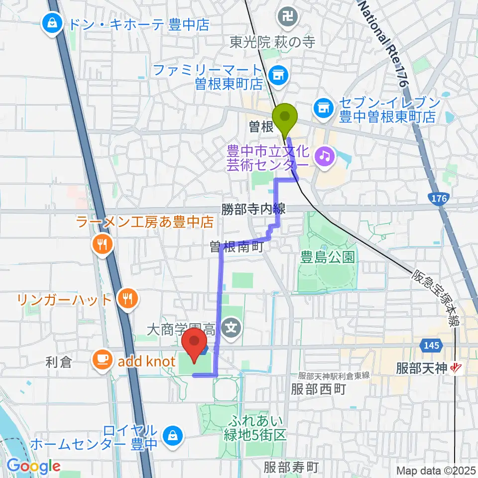 マリンフード豊中マルチグラウンドの最寄駅曽根駅からの徒歩ルート（約16分）地図