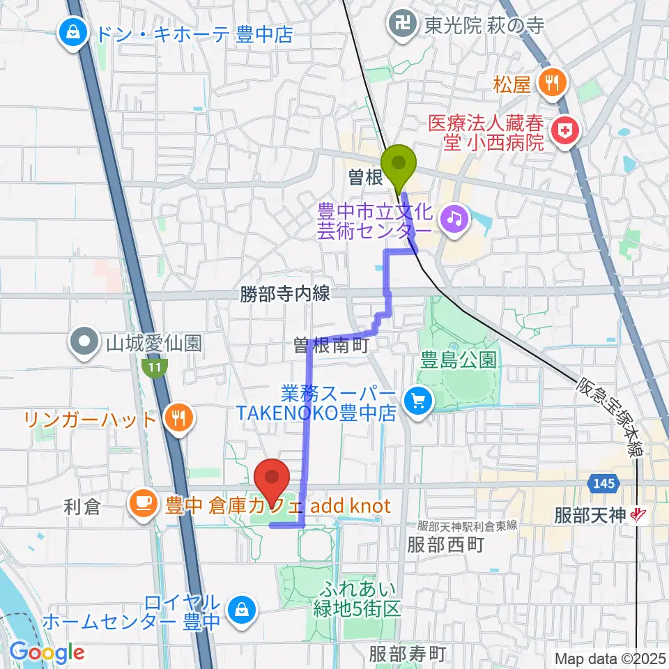 マリンフード豊中マルチグラウンドの最寄駅曽根駅からの徒歩ルート（約16分）地図
