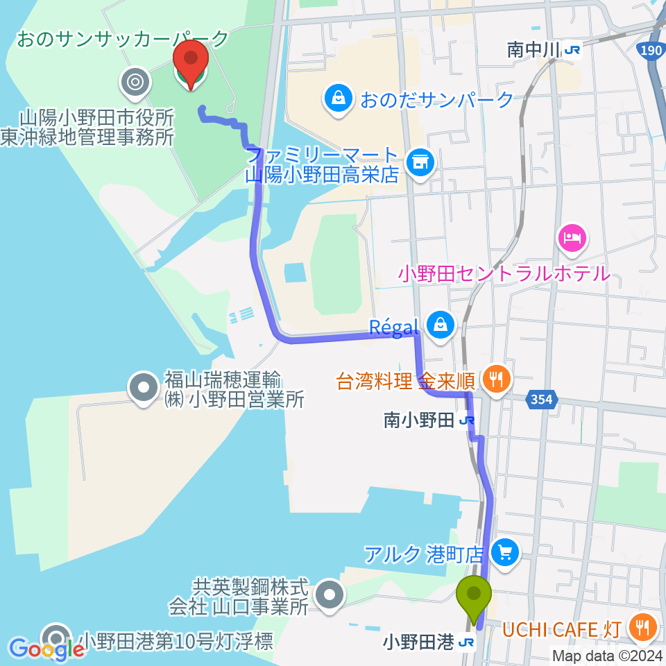 小野田港駅からおのサンサッカーパークへのルートマップ地図