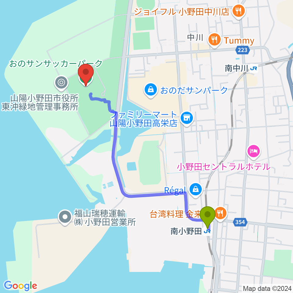 南小野田駅からおのサンサッカーパークへのルートマップ地図