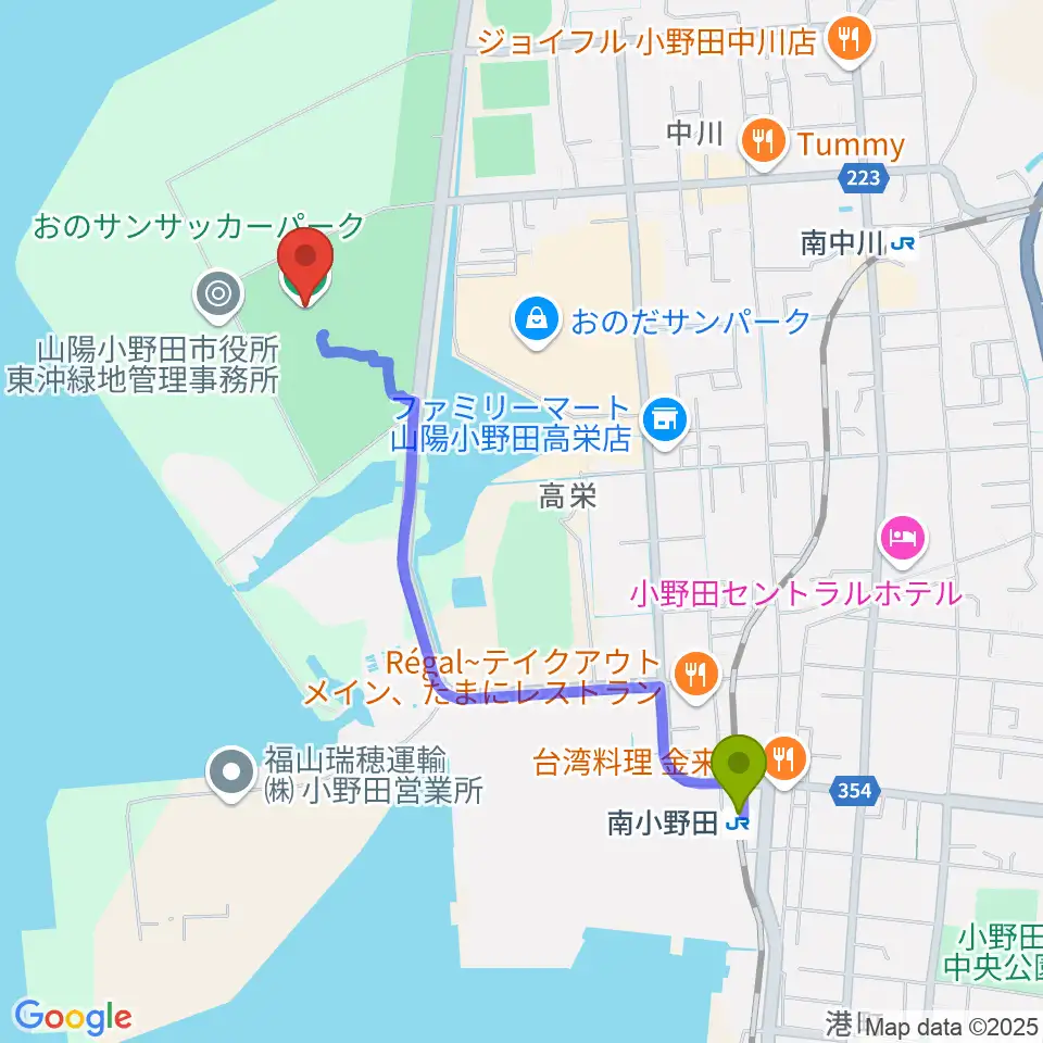 南小野田駅からおのサンサッカーパークへのルートマップ地図