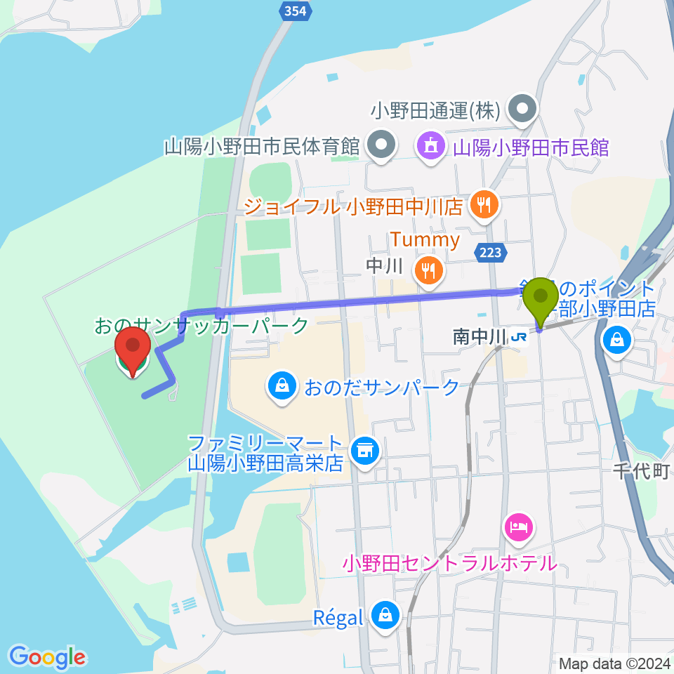 おのサンサッカーパークの最寄駅南中川駅からの徒歩ルート（約19分）地図