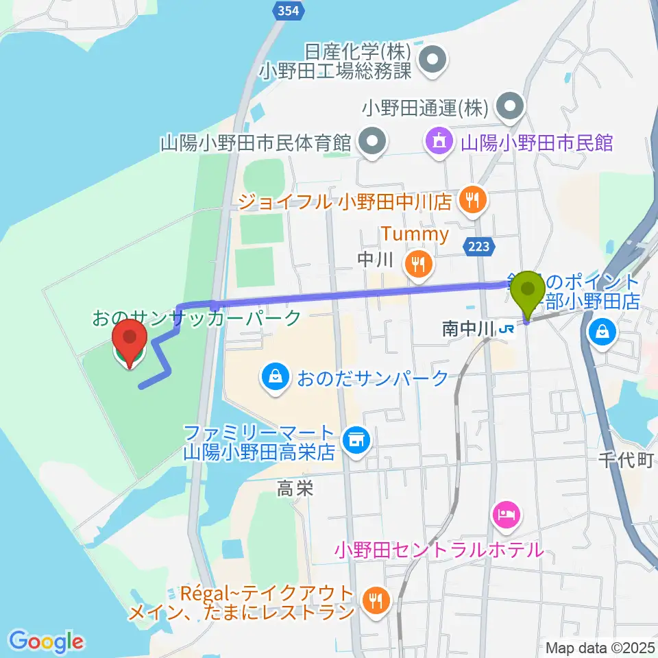 おのサンサッカーパークの最寄駅南中川駅からの徒歩ルート（約19分）地図