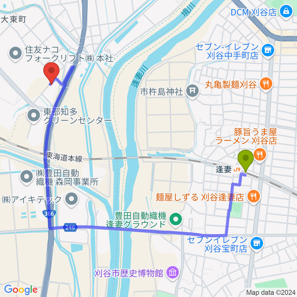 逢妻駅から住友重機械温水プールへのルートマップ地図