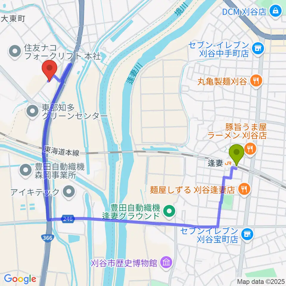 逢妻駅から住友重機械温水プールへのルートマップ地図