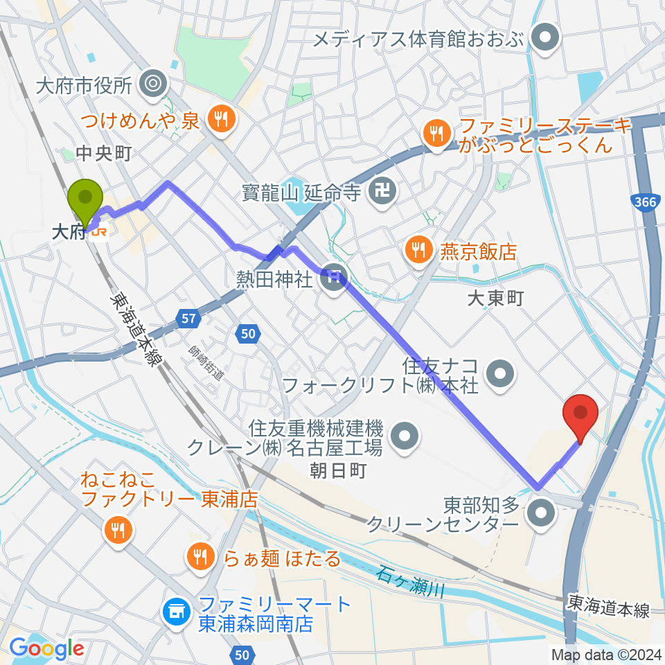 大府駅から住友重機械温水プールへのルートマップ地図