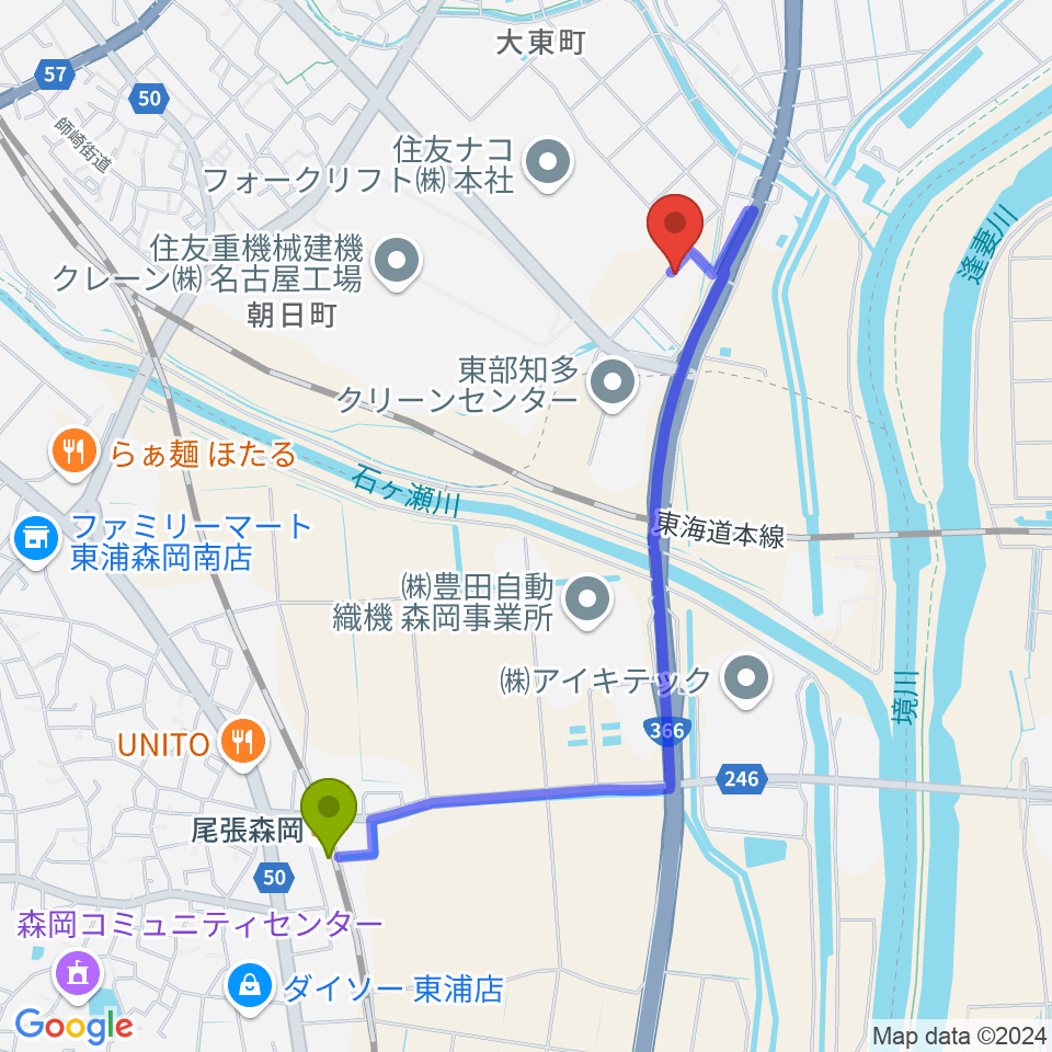 住友重機械温水プールの最寄駅尾張森岡駅からの徒歩ルート（約20分）地図