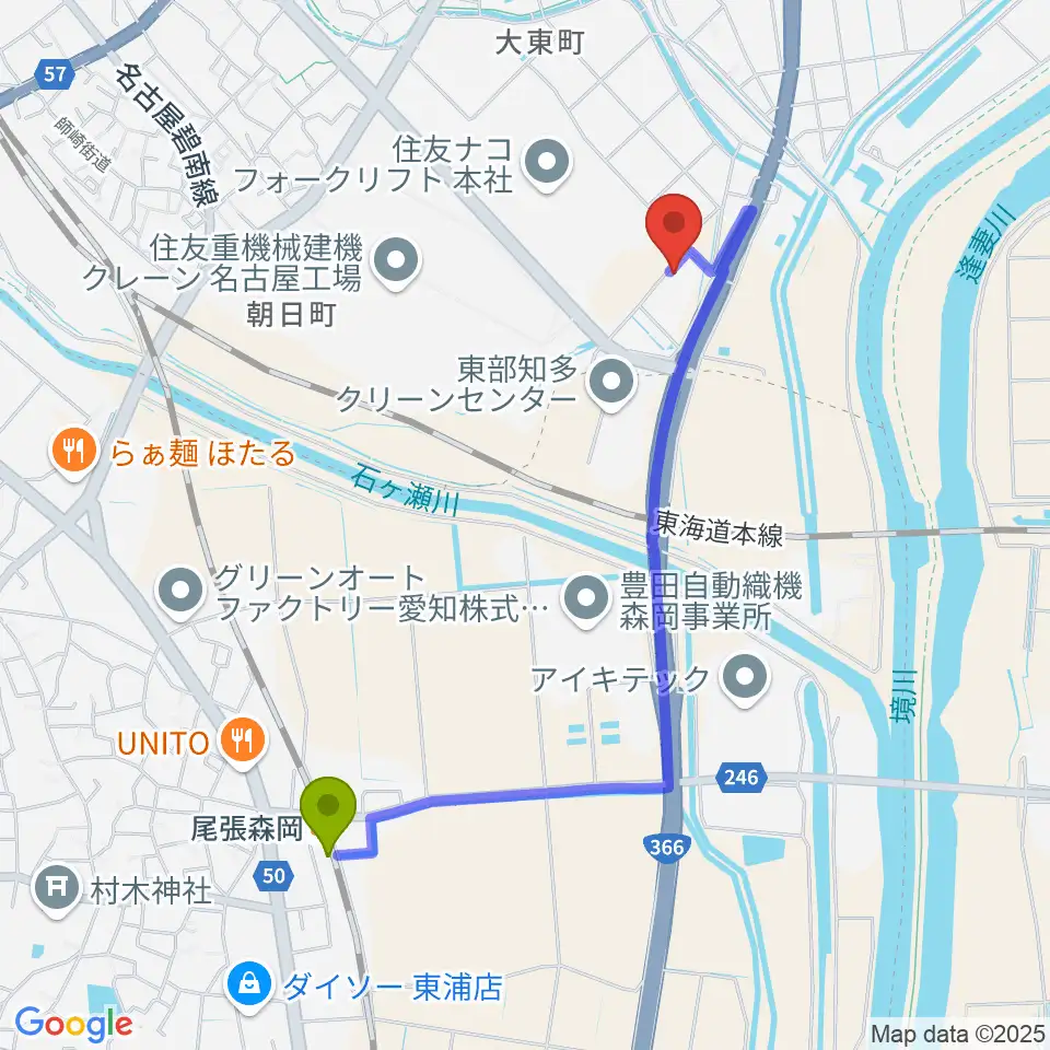 住友重機械温水プールの最寄駅尾張森岡駅からの徒歩ルート（約20分）地図